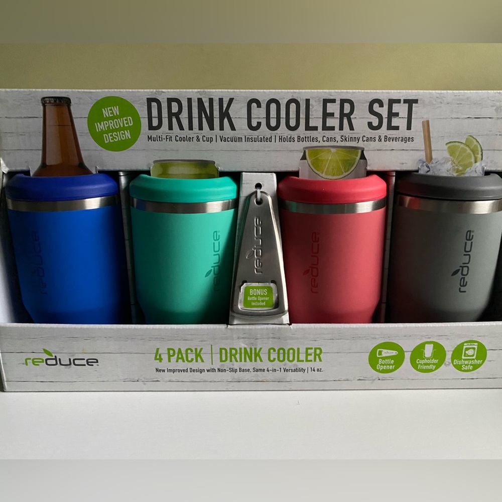 Drink Cooler Set - 4 Pack - Blue, Red, Gray, Teal